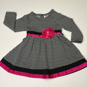 Toddler 4T Long Sleeve Black &‎ White Polka Dot Print Dress w Pink Accent Flower